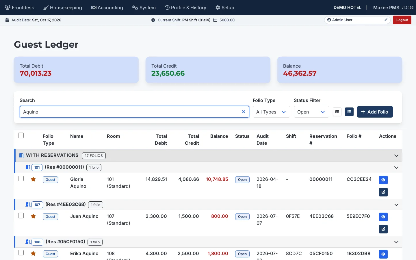Guest ledger listing folios with debit, credit and balance