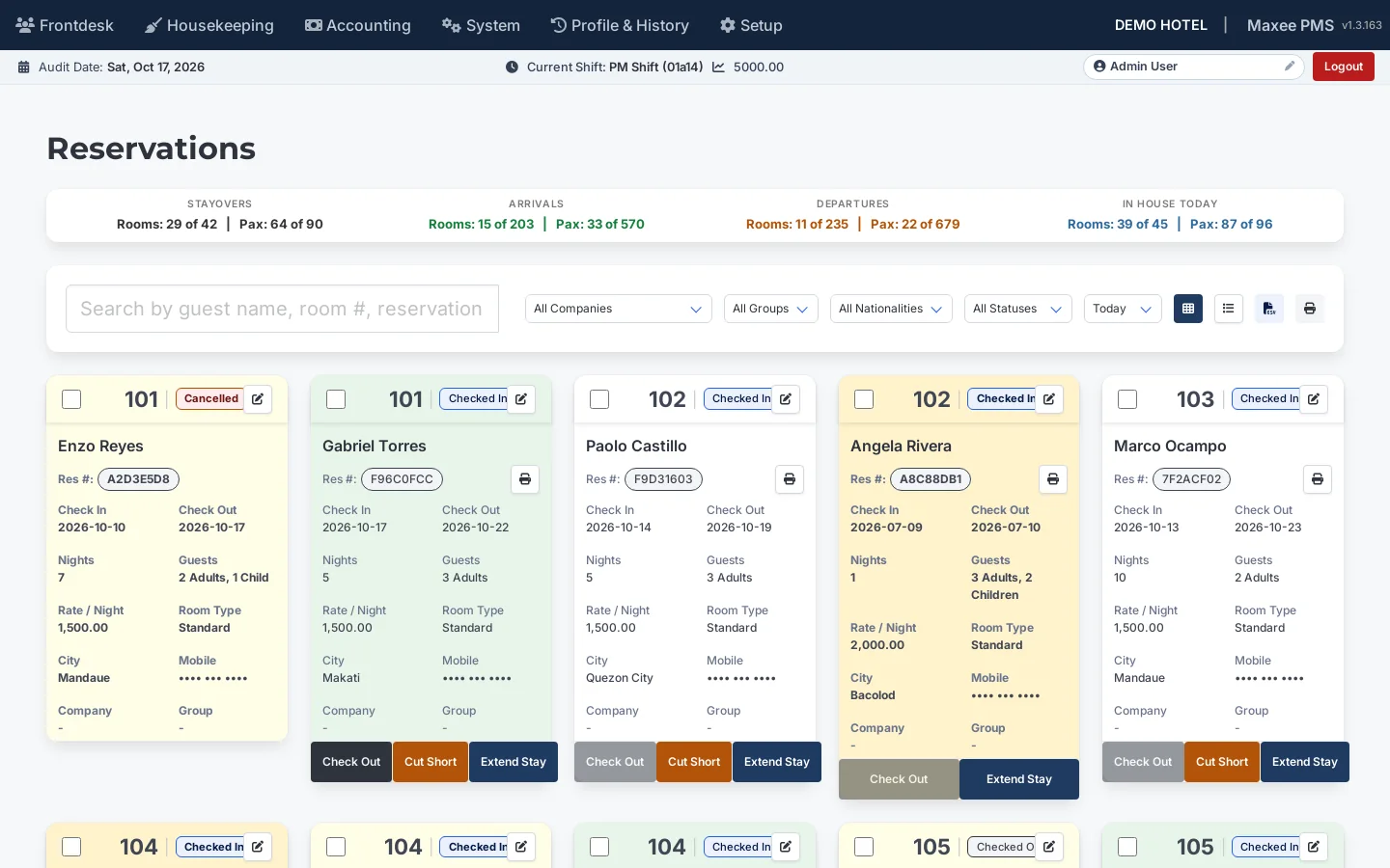 Reservation board with stay dates, room, rate and check-in, check-out and extend-stay actions