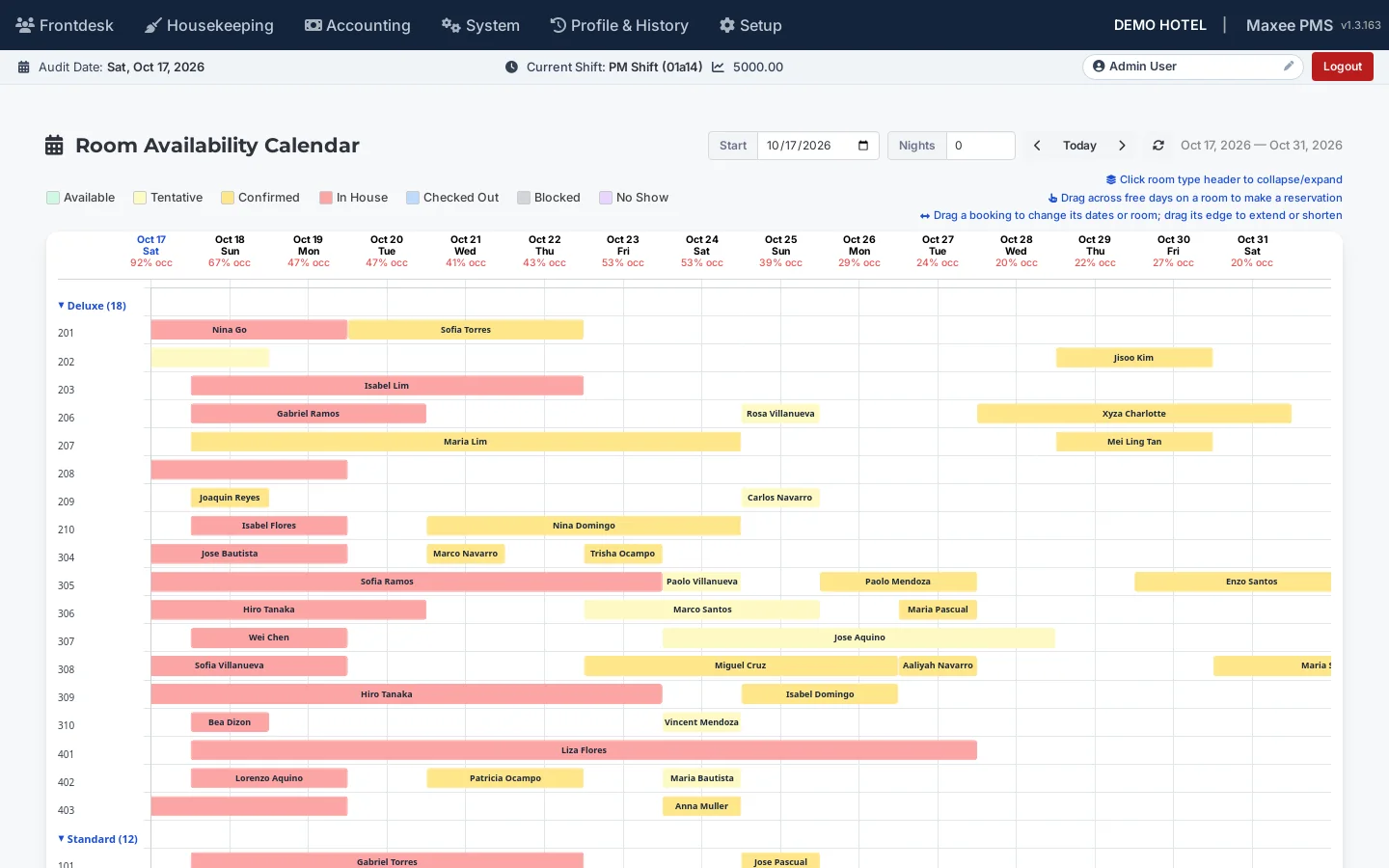 Room availability calendar with color-coded bookings per room