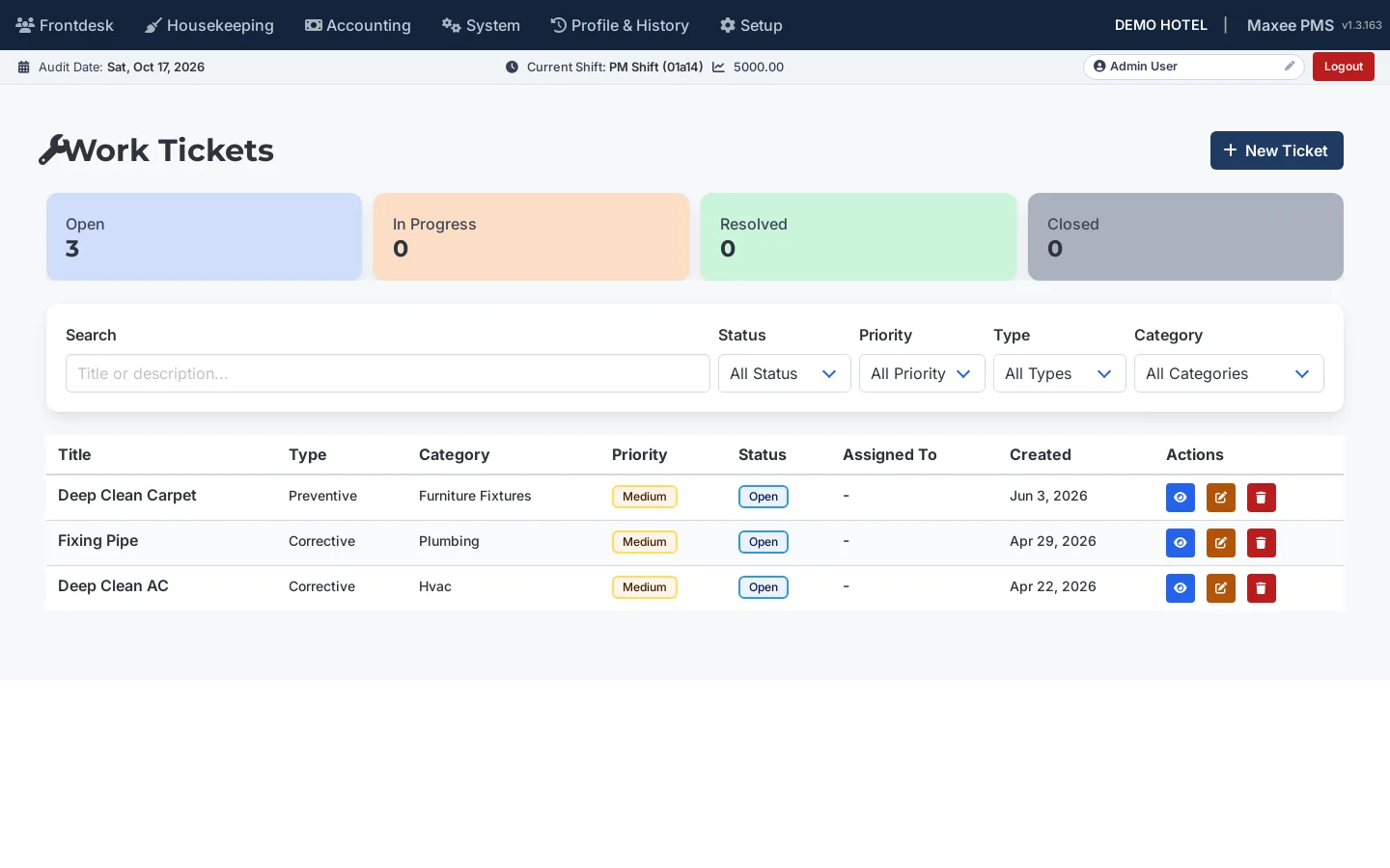 Maintenance work tickets with priority and status